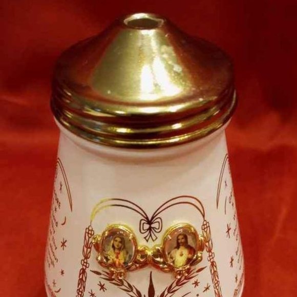 VTG WHITE WITH GOLD DETAIL RELIGIOUS SUGAR DISPENSER WITH GOLD TONE METAL 60'S - Picture 1 of 6